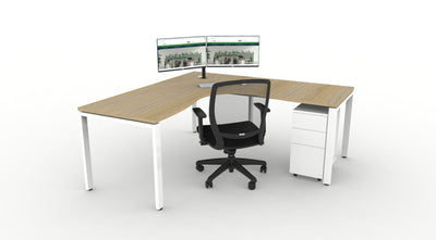 1500mm W x 1500mm W x 750mm D x 620-1270mm H / Natural Oak Top / White Frame / Hartley Task