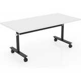 Height adjustable flip top table with black frame and white melamine worktop, on locking castors.