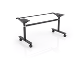 Black adjustable flip table frame with locking castors and safety lock mechanism.