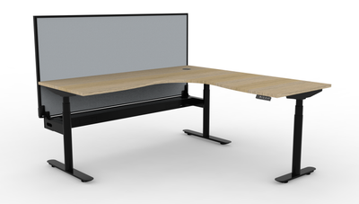 With Cable Tray / With Screen / 1500mm W x 1500mm W x 750mm D x 620-1270mm H / Natural Oak Top & Black Frame