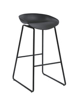 A black bar stool with a polypropylene shell and a black powder coated frame, supplied assembled.