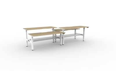 4 Person Back To Back Height Adjustable Workstation Natural Oak Top White Frame