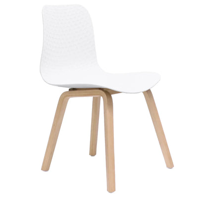 white hospitality chairs with wooden color feet