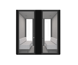A 45mm hidden frame glass door with black silkscreen print, leading into an acoustic meeting pod with two grey sofas and a black melamine table.
