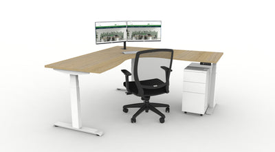 1500mm W x 1500mm W x 750mm D x 620-1270mm H / Hartley Task / Natural Oak Top / White Frame