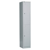 A tall riveted steel 2-door locker in a silver grey color, with full-length door stiffeners.